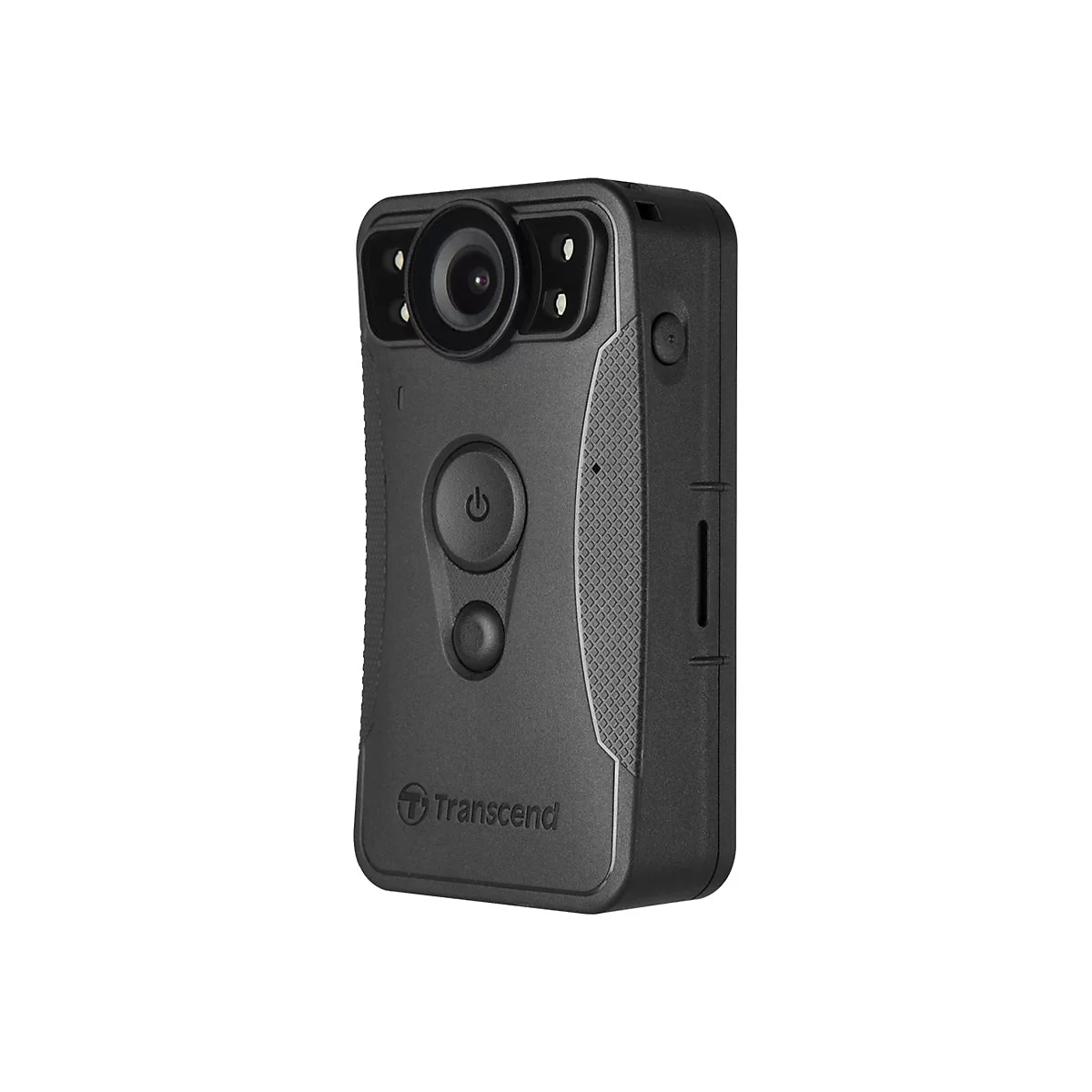 Schwarze Transcend Bodycam mit Frontlinse und mittigem Power-Knopf vor weißem Hintergrund.