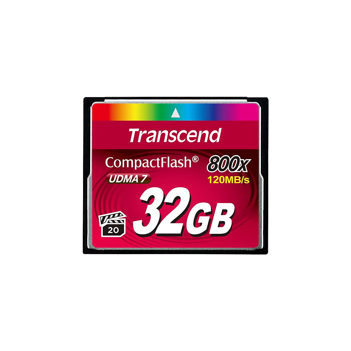 CompactFlash-Karte, rot mit Aufdruck 'Transcend', '32GB', '800x', Regenbogenband.