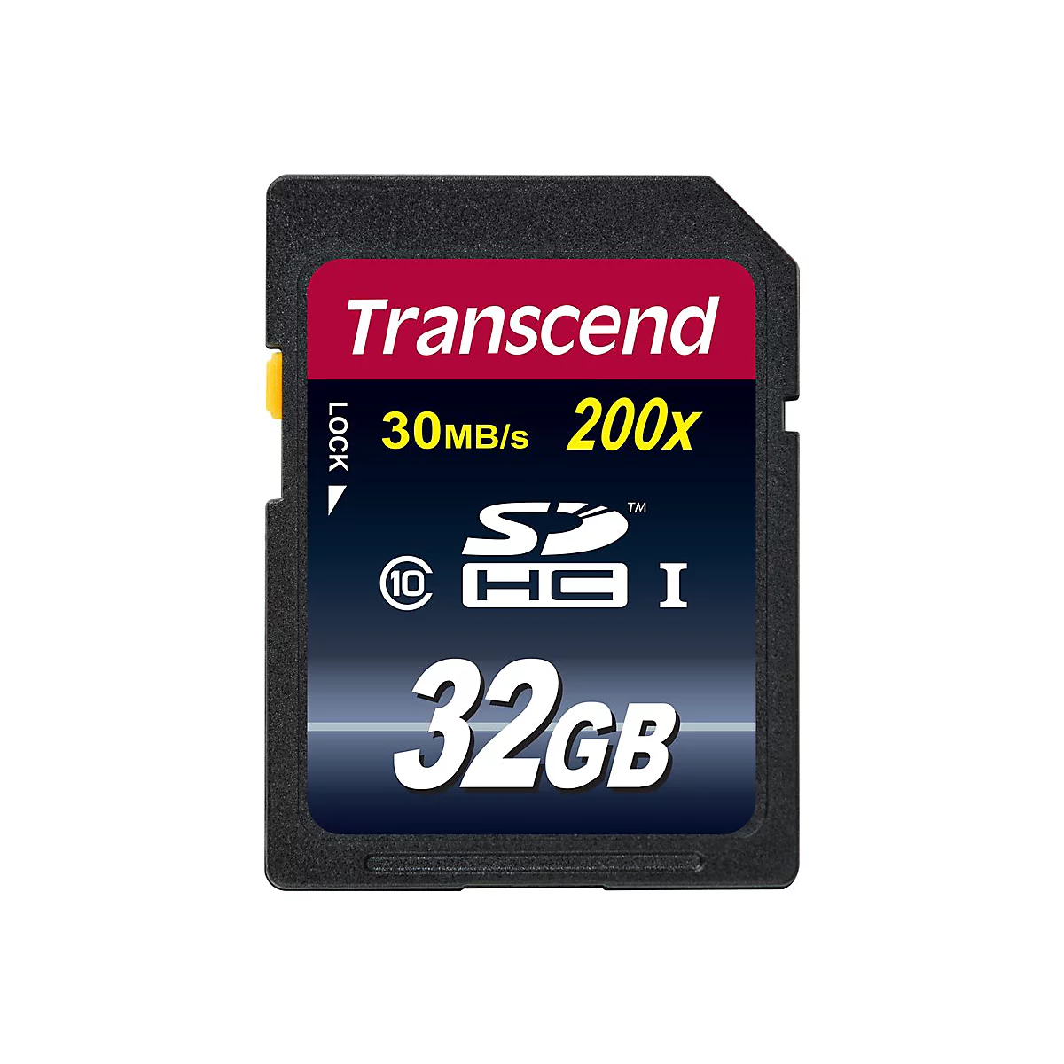 Schwarze SD-Karte mit rotem Aufkleber, Transcend 30MB/s 200x und 32GB.