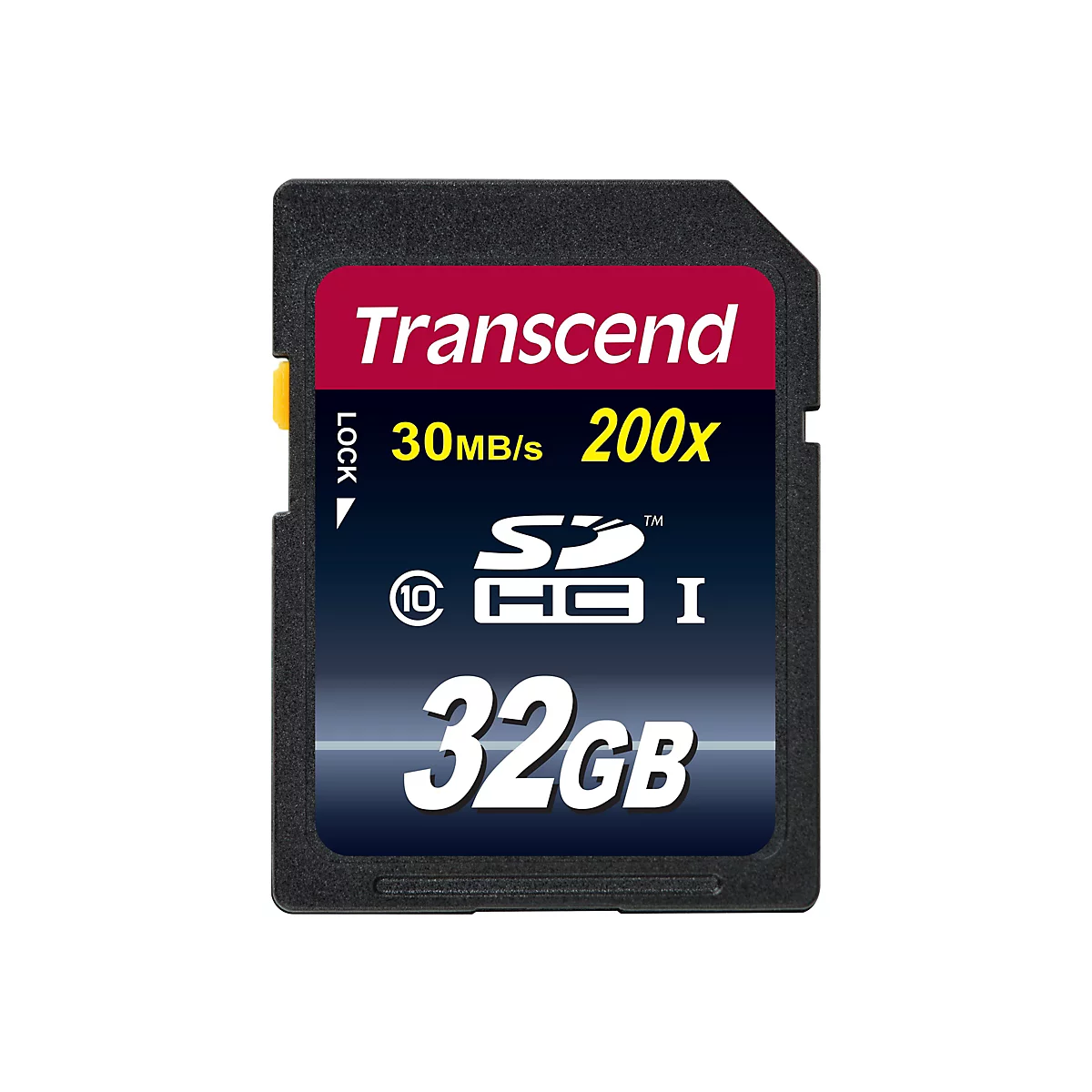 Schwarze Transcend 32GB SDHC Speicherkarte mit rotem Logo-Bereich und gelber 200x Aufschrift auf weißem Grund.