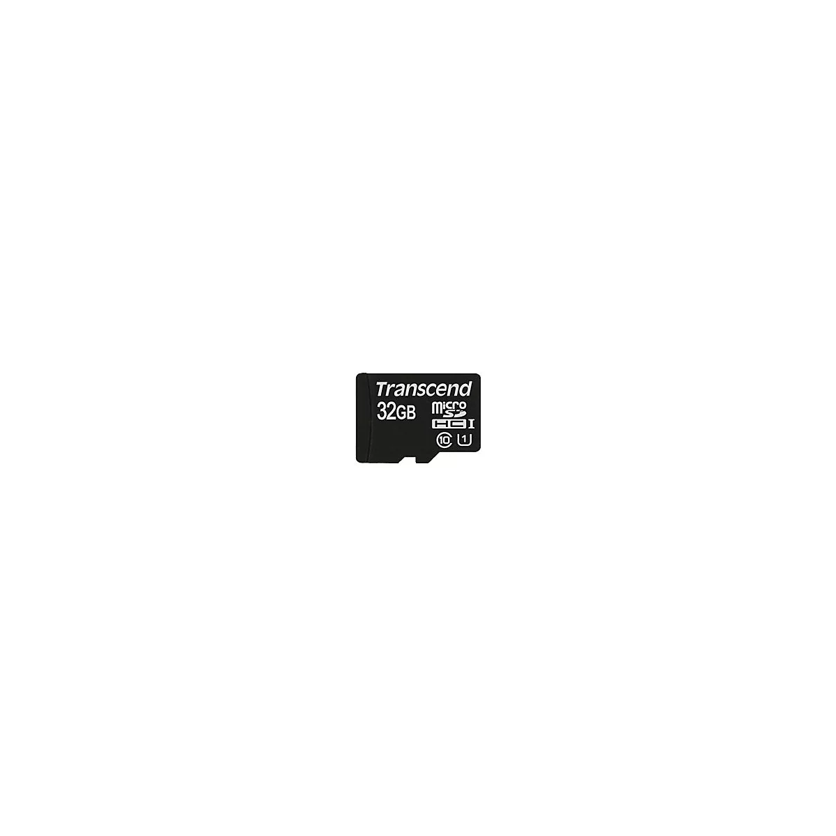 Schwarze Transcend Micro-SD-Karte mit weißer Schrift. Aufschrift: "Transcend 32GB micro SDHC I".