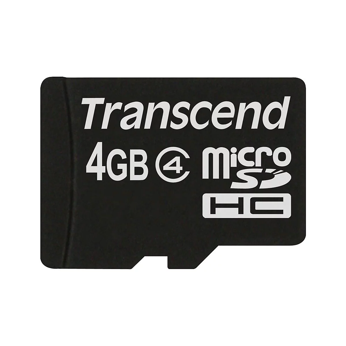 Schwarze Micro-SD-Karte mit Aufschrift Transcend 4GB Micro SDHC.