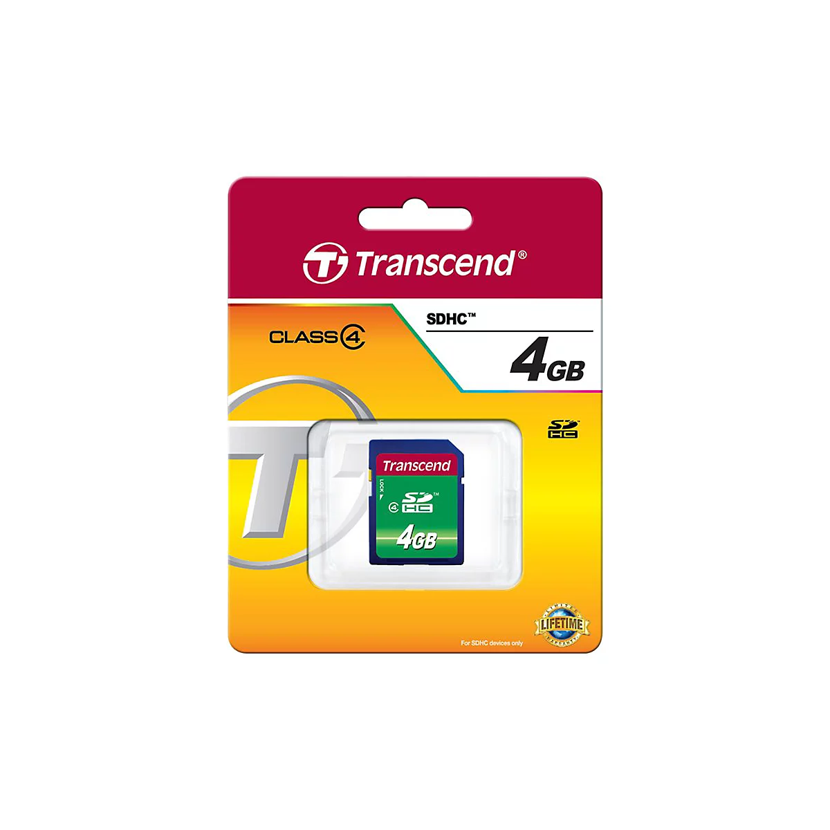 SDHC-Karte von Transcend in der Verpackung. 4 GB Speicherplatz.