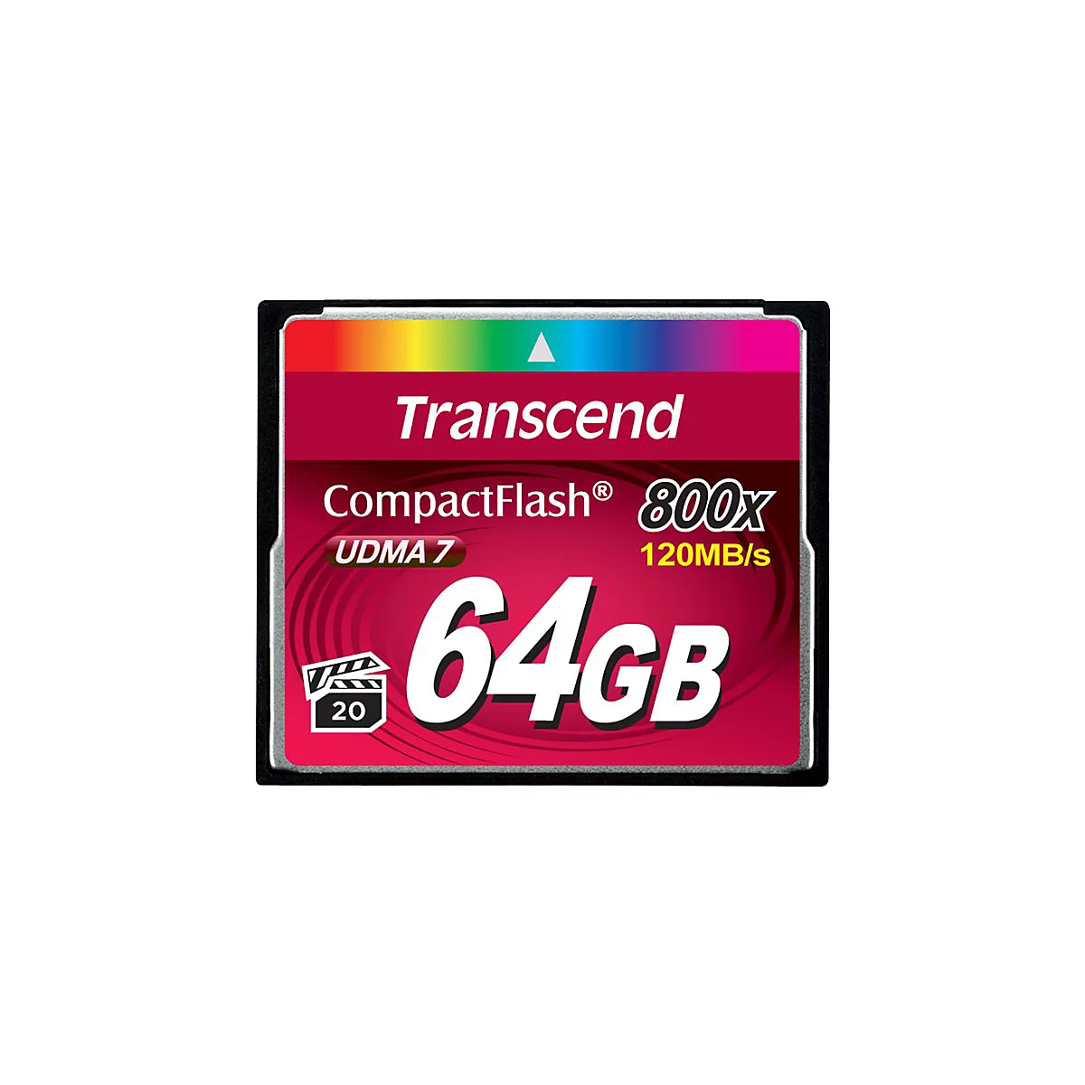 Eine CompactFlash-Speicherkarte von Transcend mit rotem Hintergrund, 64 GB, 800x und Farbstreifen.