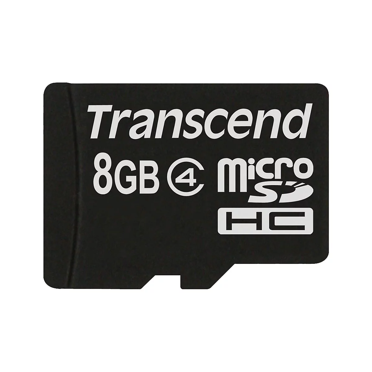 Schwarze Transcend MicroSD-Karte. Beschriftung: Transcend, 8GB, micro, HC.