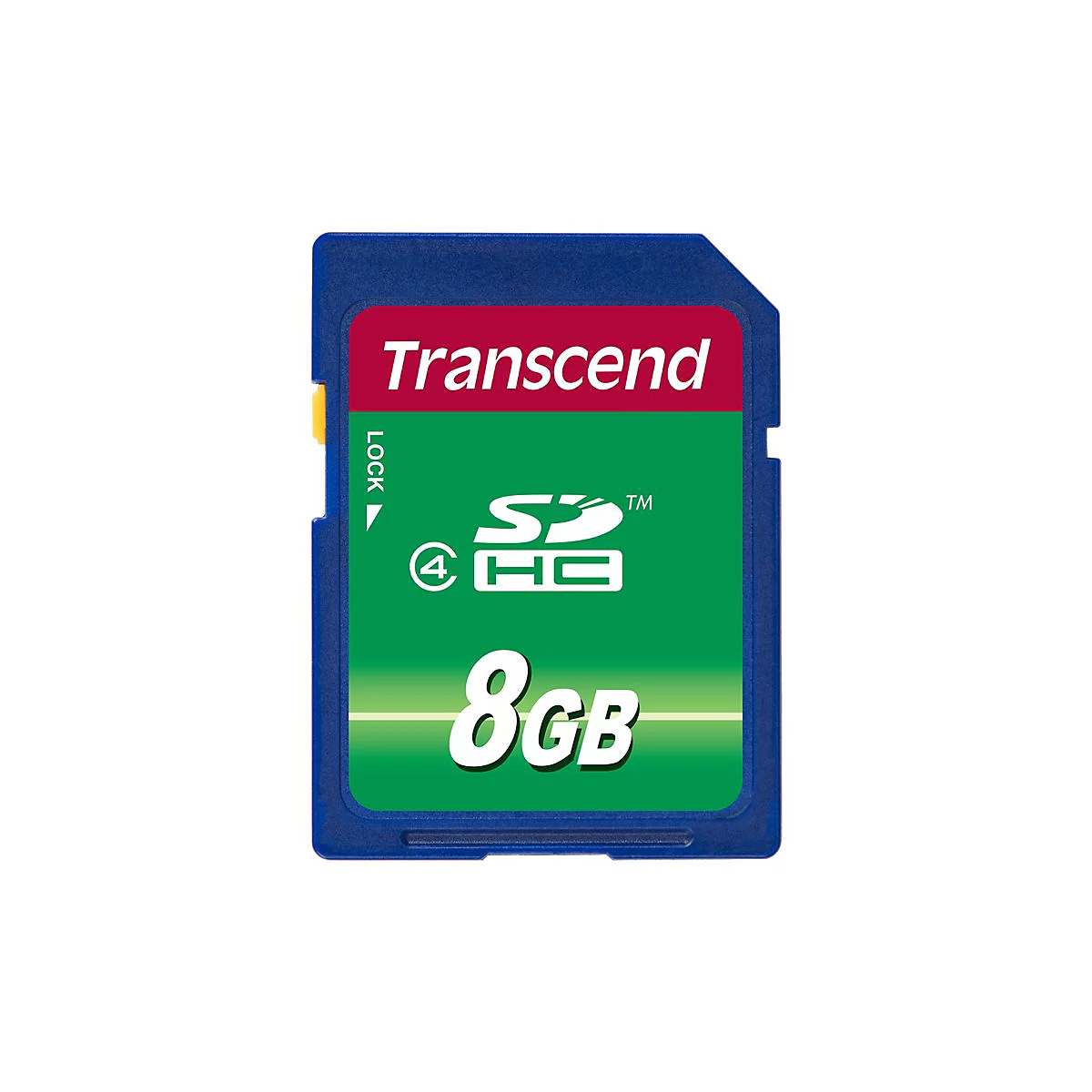 Blaue SD-Karte mit rotem Schriftzug Transcend und grÃ¼nem Aufdruck. Es steht 8GB drauf.
