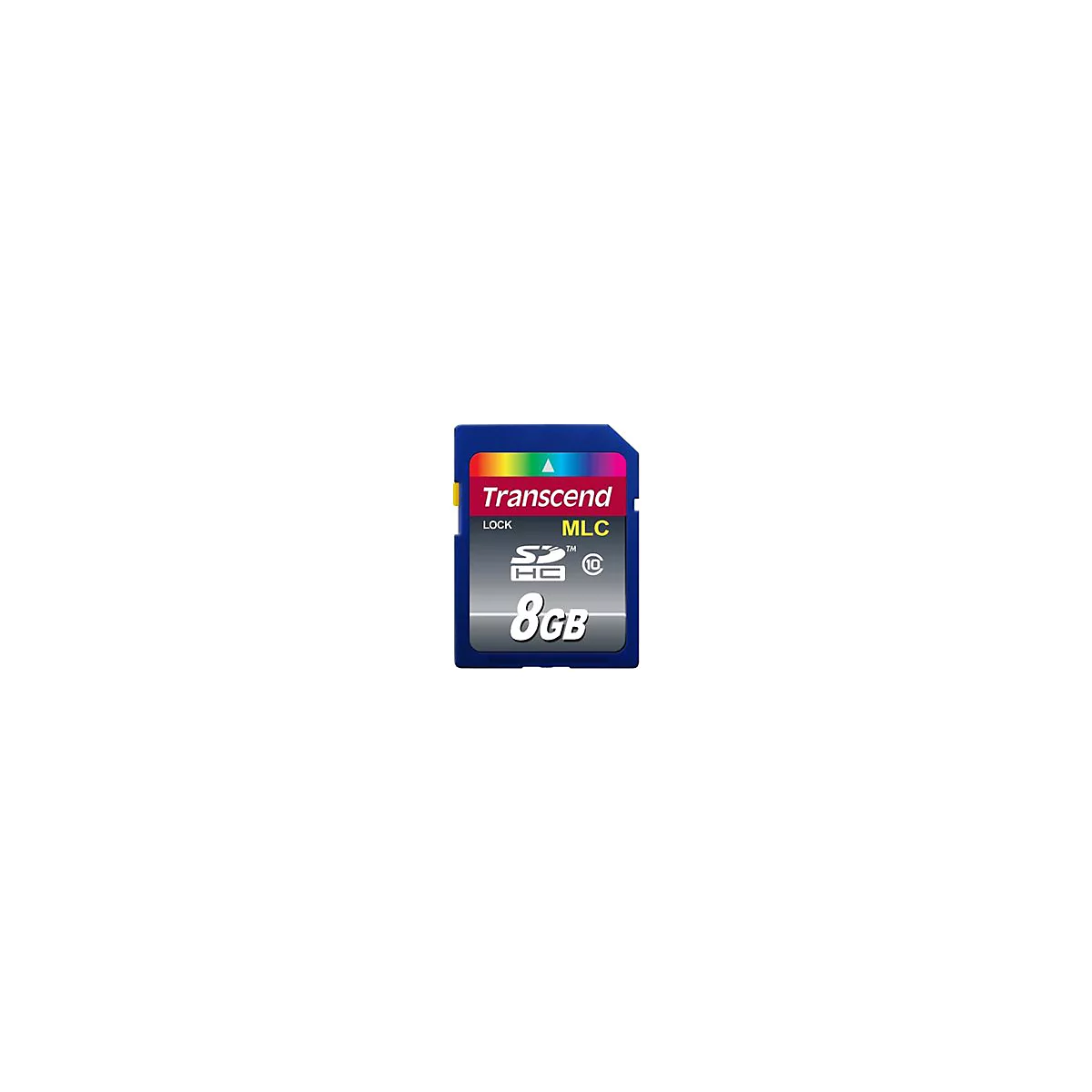 Blaue Transcend SDHC-Speicherkarte mit 8 GB Kapazität und MLC-Technologie vor weißem Hintergrund.