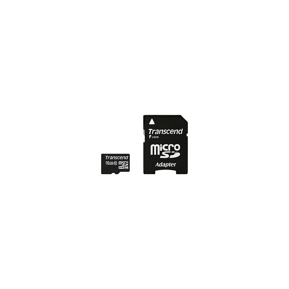 Schwarze Micro-SD-Karte und Adapter von Transcend. Aufschrift: 16GB, Micro SD.
