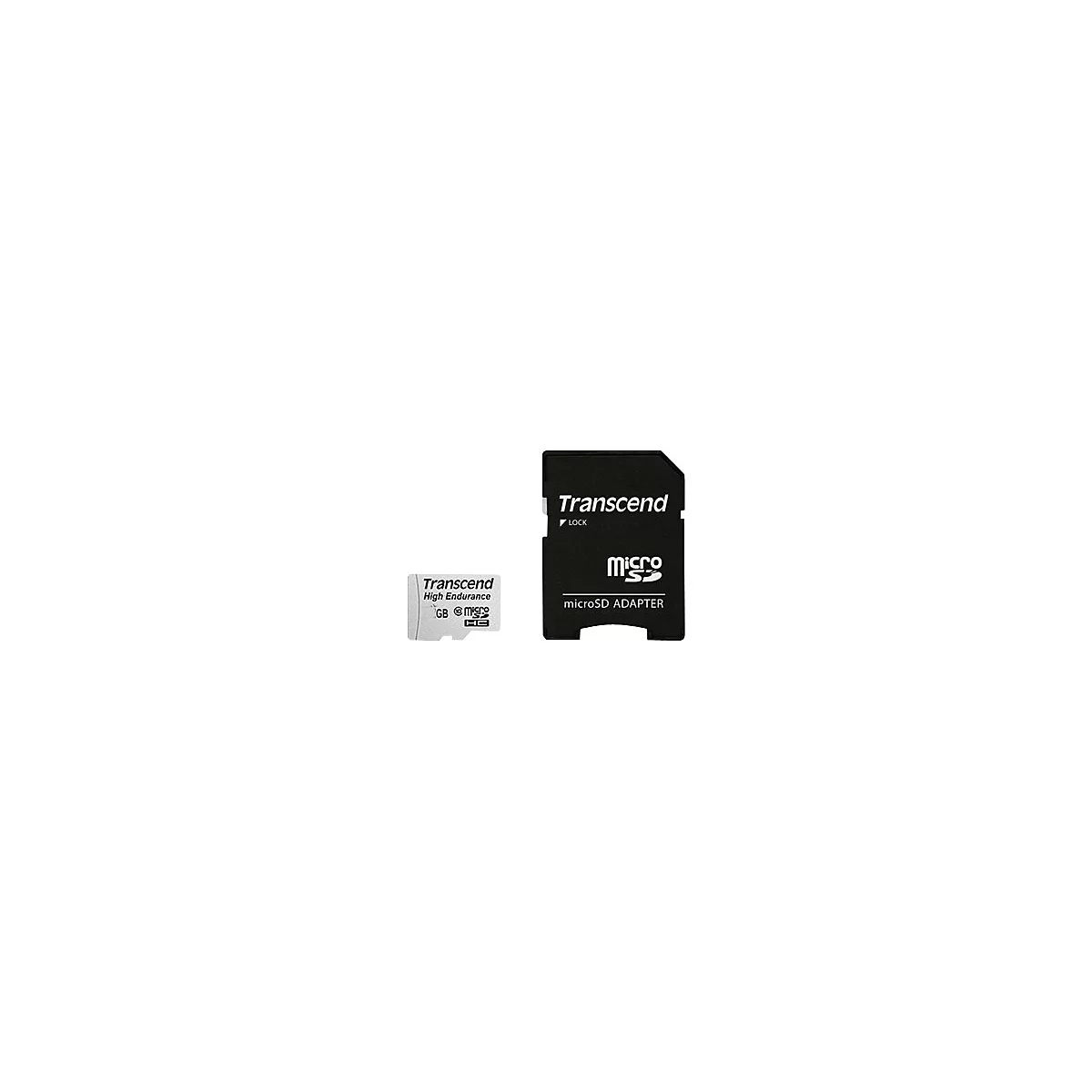 Eine microSD-Karte und ein Adapter der Marke Transcend vor weiÃŸem Hintergrund.