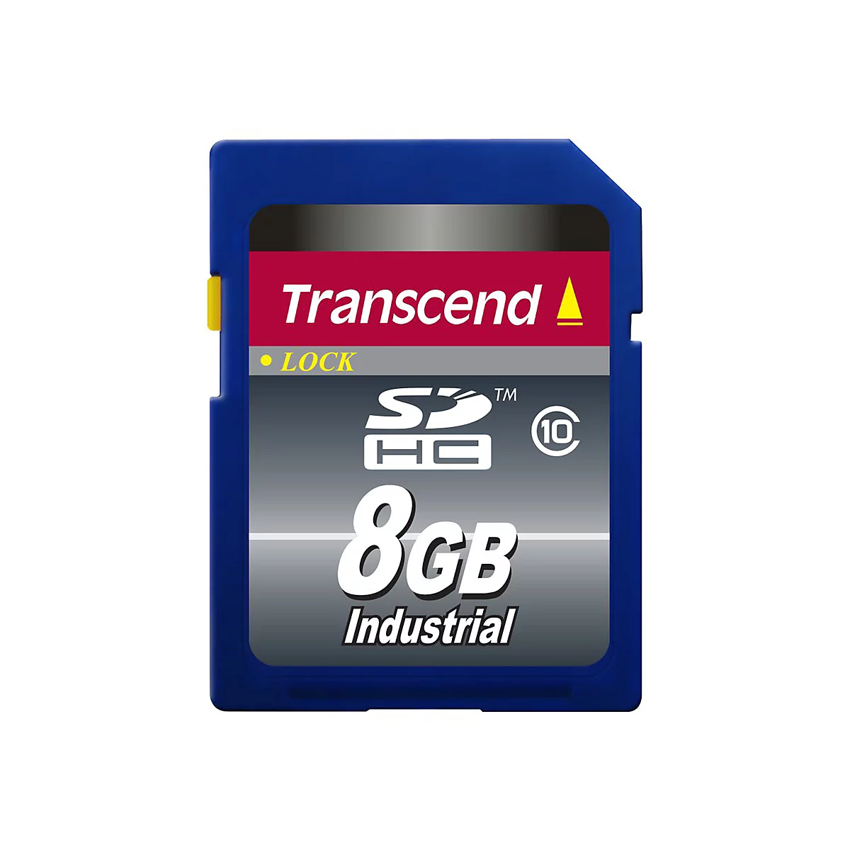 Blaue Transcend SDHC Speicherkarte mit 8GB Kapazität und gelbem Lock-Schalter vor weißem Hintergrund.