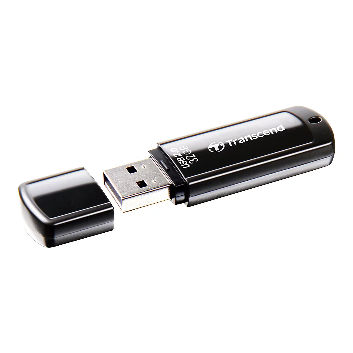 Clé USB noire avec capuchon retiré sur fond blanc. La clé affiche le mot "Transcend".