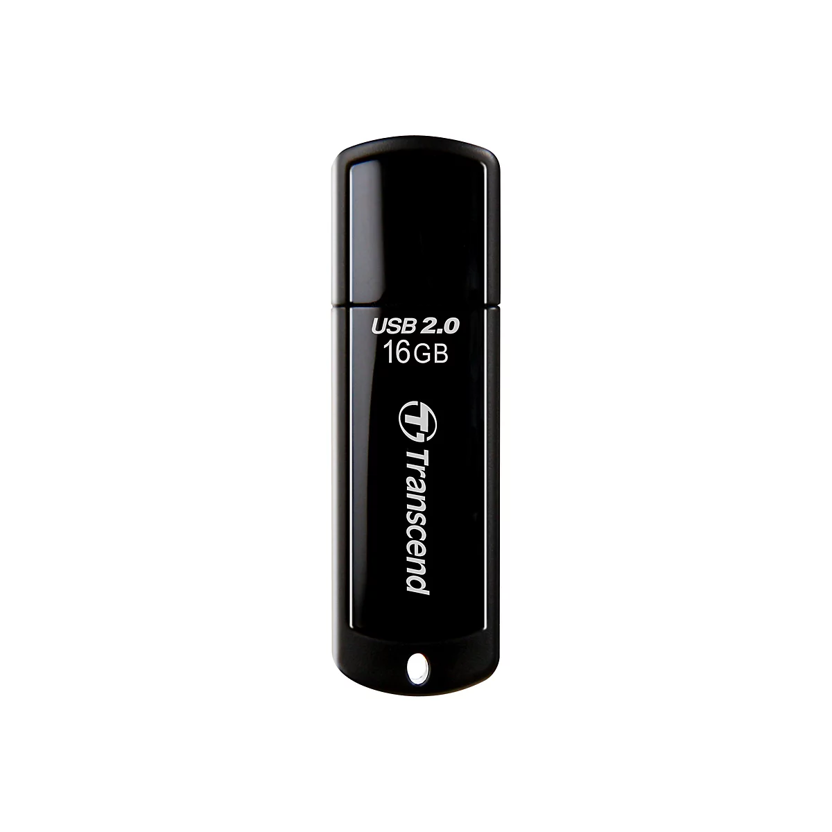 Schwarzer USB-Stick mit der Aufschrift "USB 2.0 16GB Transcend".