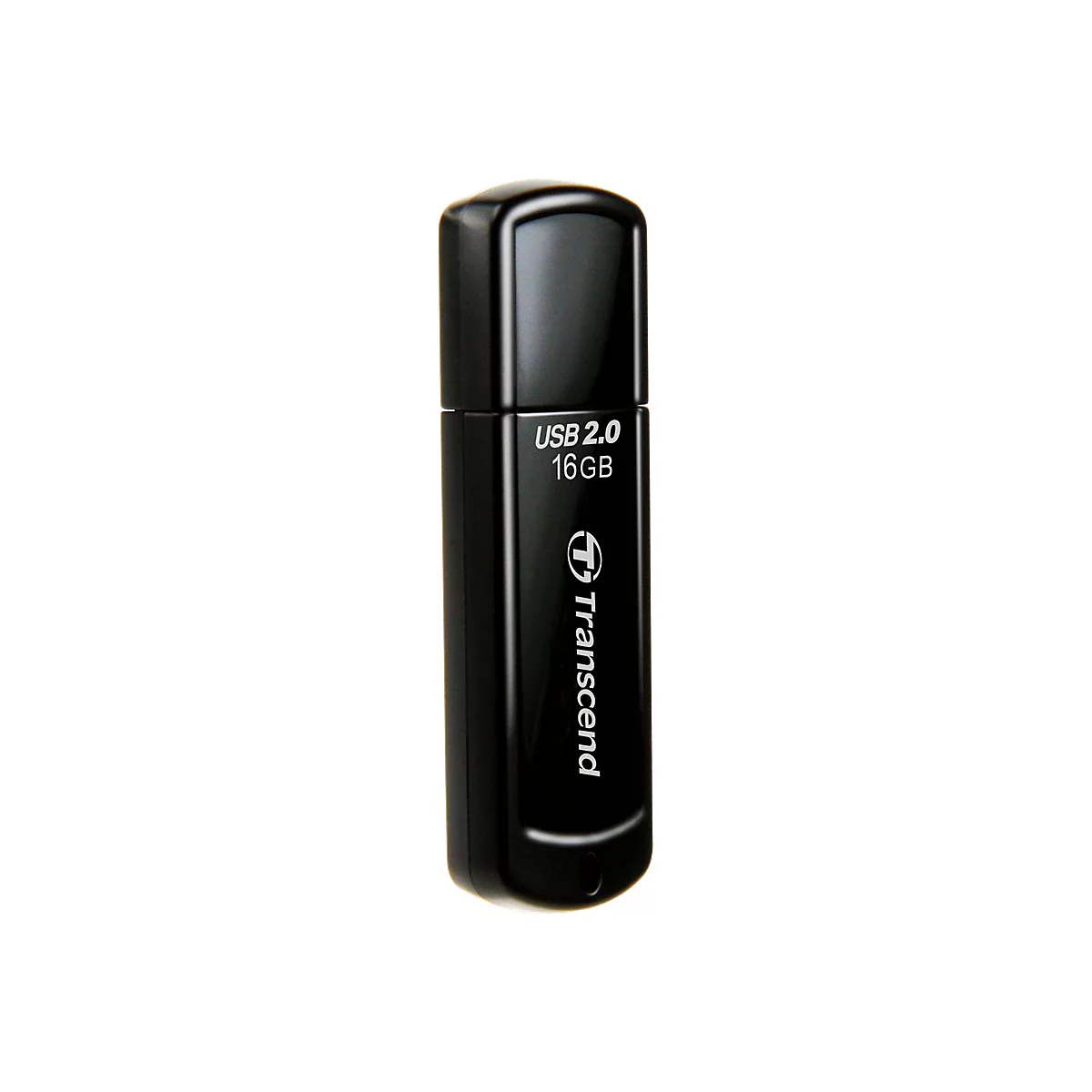 Schwarzer USB-Stick mit 'USB 2.0 16GB' und 'Transcend'-Logo. Der Stick ist vor weißem Hintergrund abgebildet.