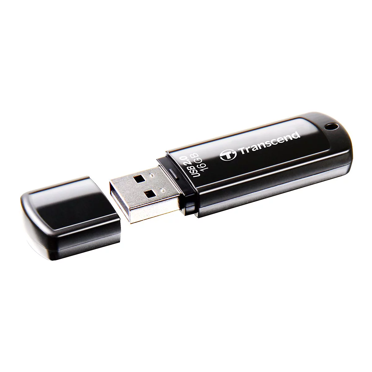 Schwarzer USB-Stick mit abgenommener Kappe auf weißem Hintergrund. Der Stick trägt den Schriftzug Transcend, USB 2.0 16 GB.