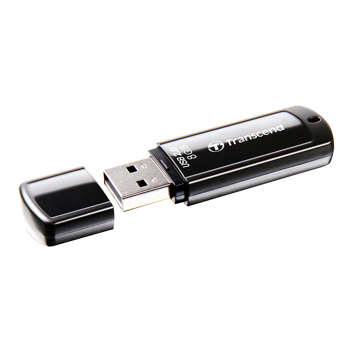 Schwarzer USB-Stick mit abgenommener Kappe. Aufschrift: "Transcend", "8GB", "USB 2.0".