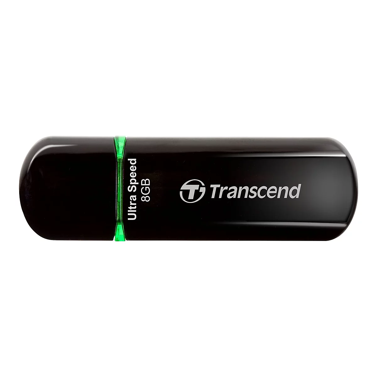 Ein schwarzer USB-Stick von Transcend, grün beleuchtet. Mit weißer Schrift steht "Ultra Speed 8GB".