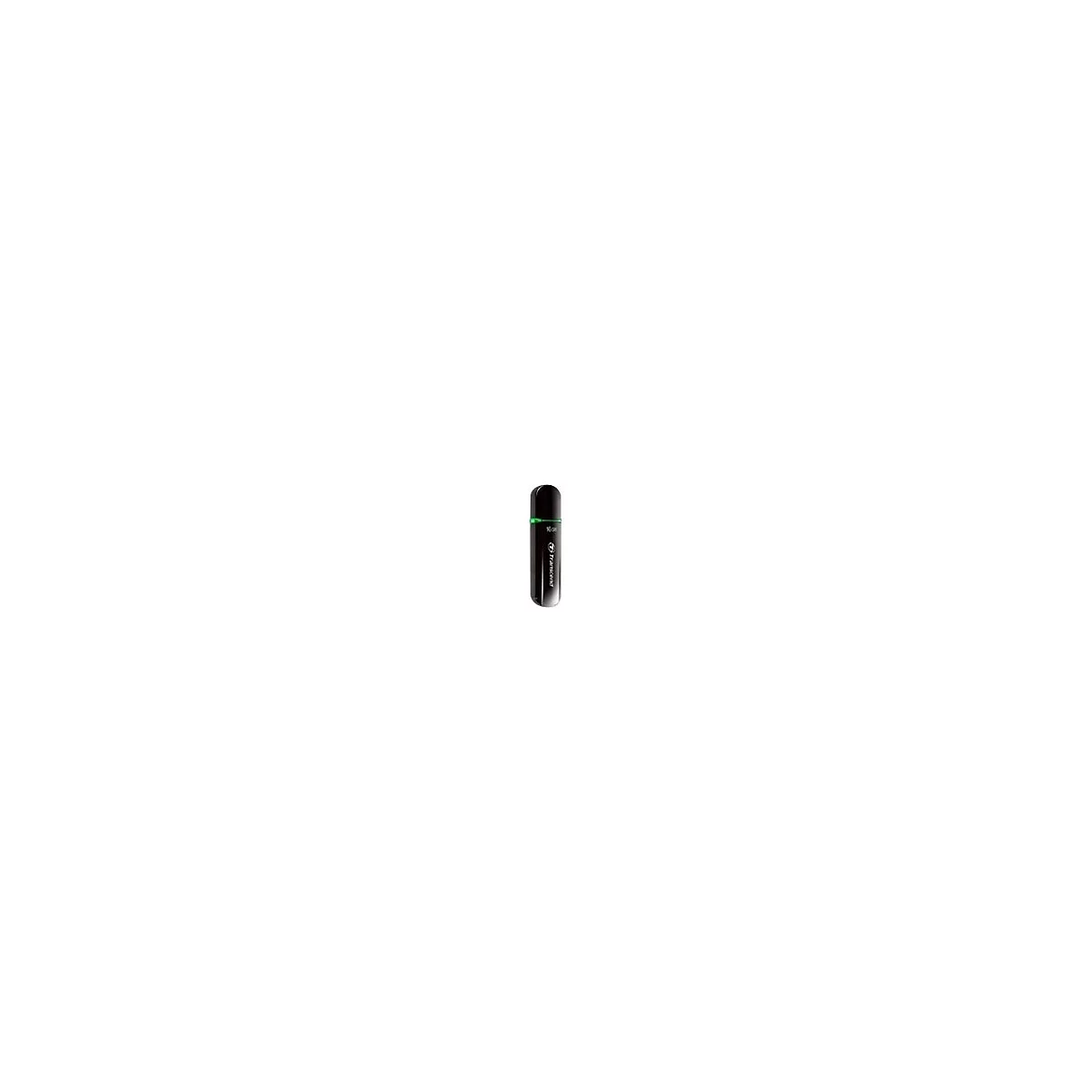 Schwarzer Transcend USB-Stick mit grün leuchtender LED vor weißem Hintergrund.