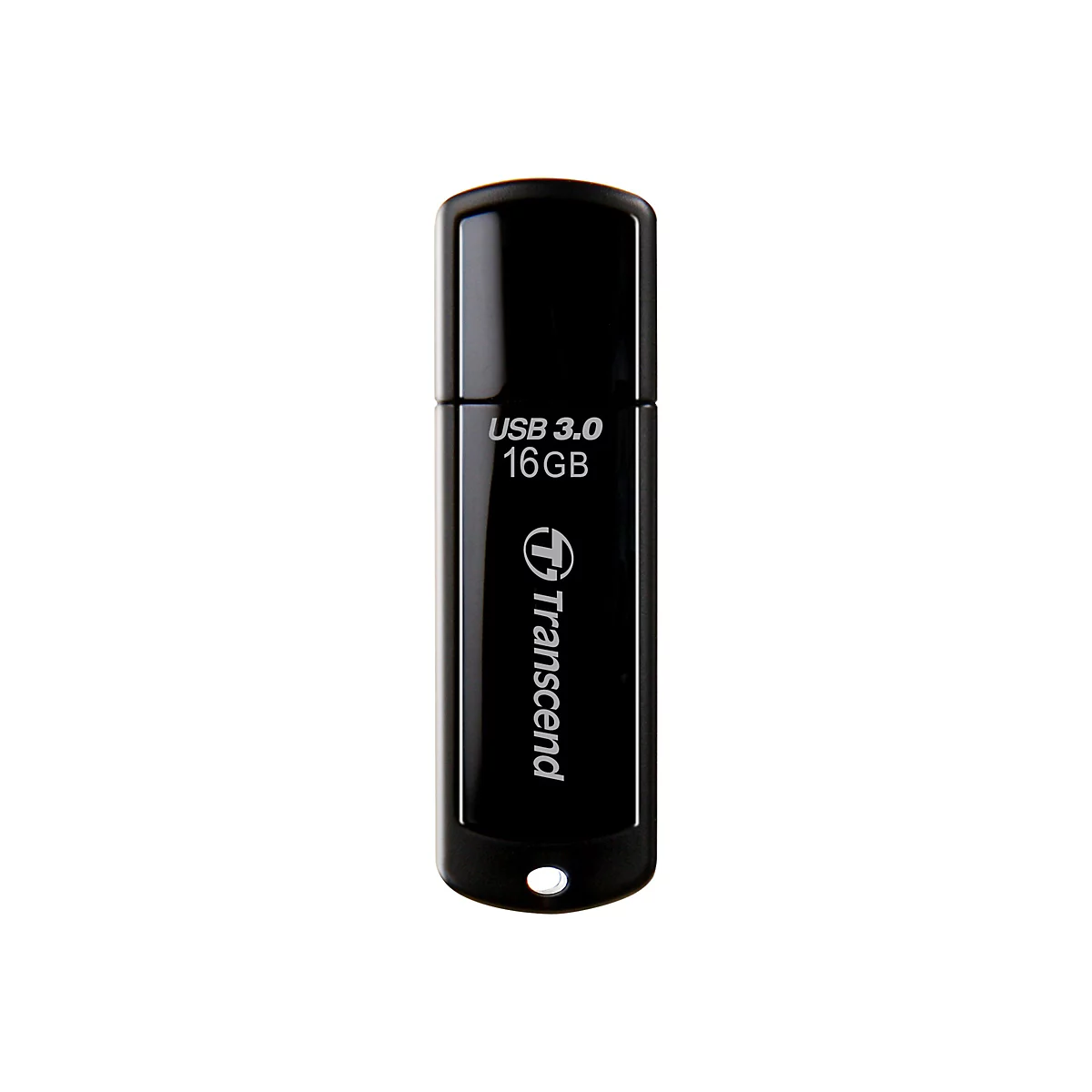 Une clé USB noire Transcend avec "USB 3.0 16 Go" imprimé.