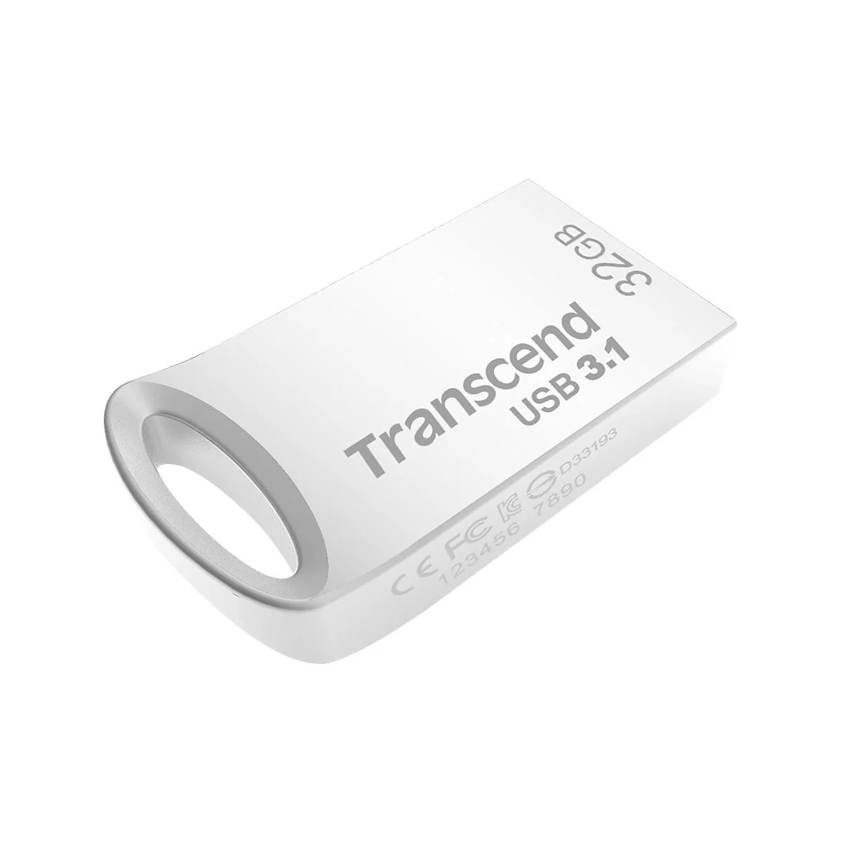 Ein weißer USB-Stick von Transcend, 32 GB, USB 3.1, auf weißem Hintergrund.