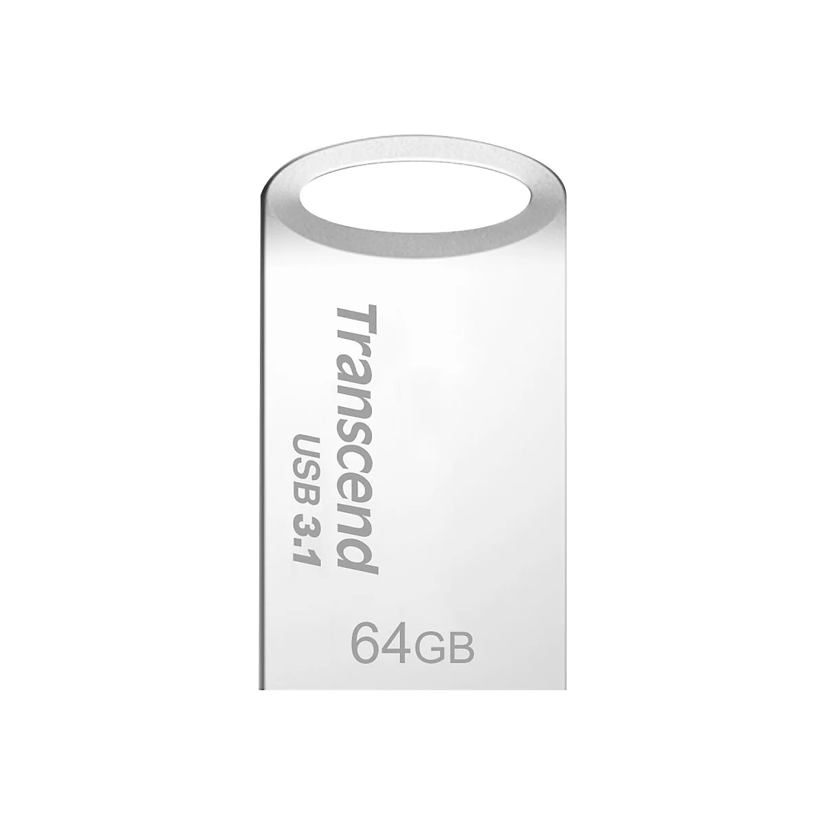 Ein weißer USB-Stick mit der Aufschrift Transcend, USB 3.1 und 64 GB.