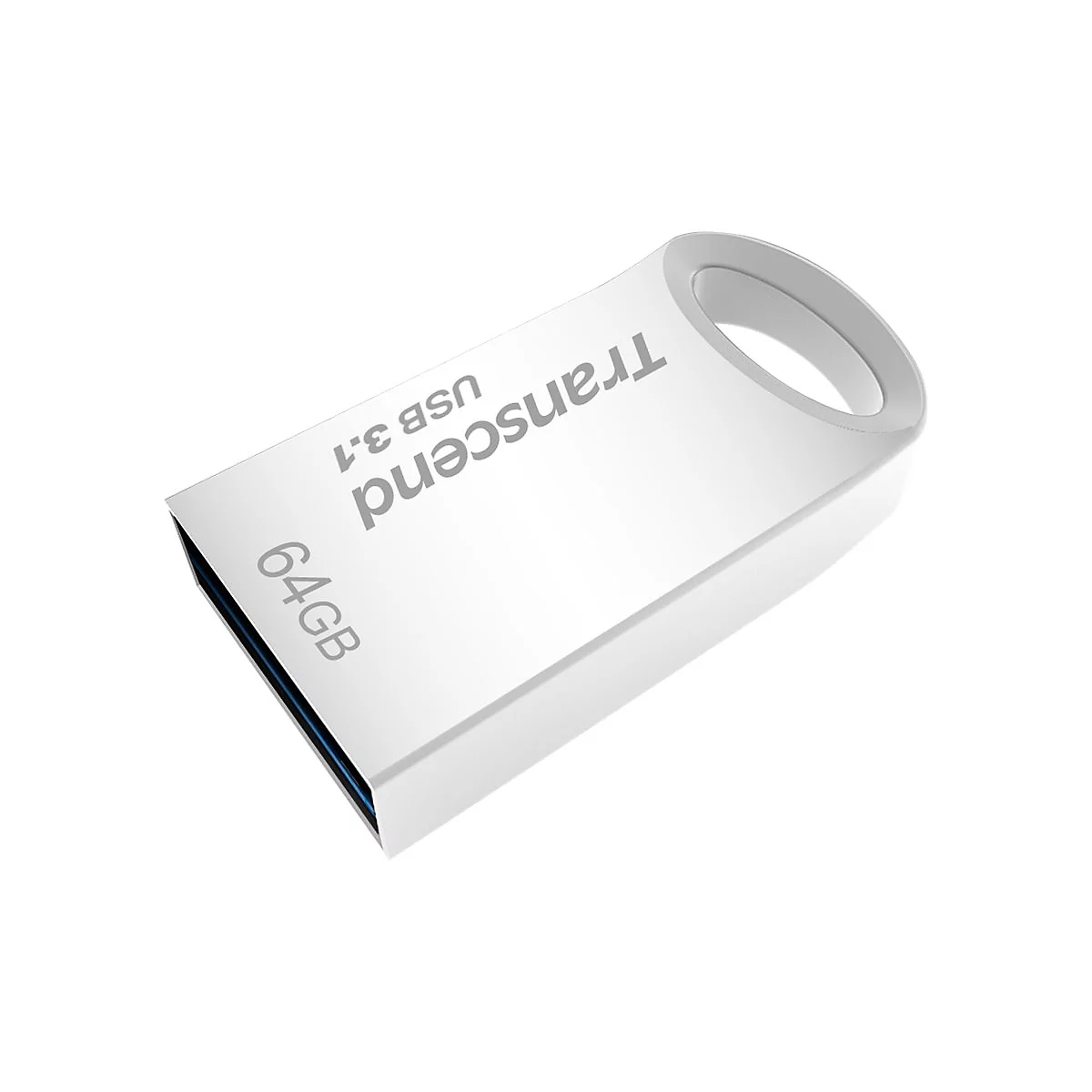 Clé USB blanche avec l'inscription Transcend, 64 Go. La clé a une ouverture pour un porte-clés.