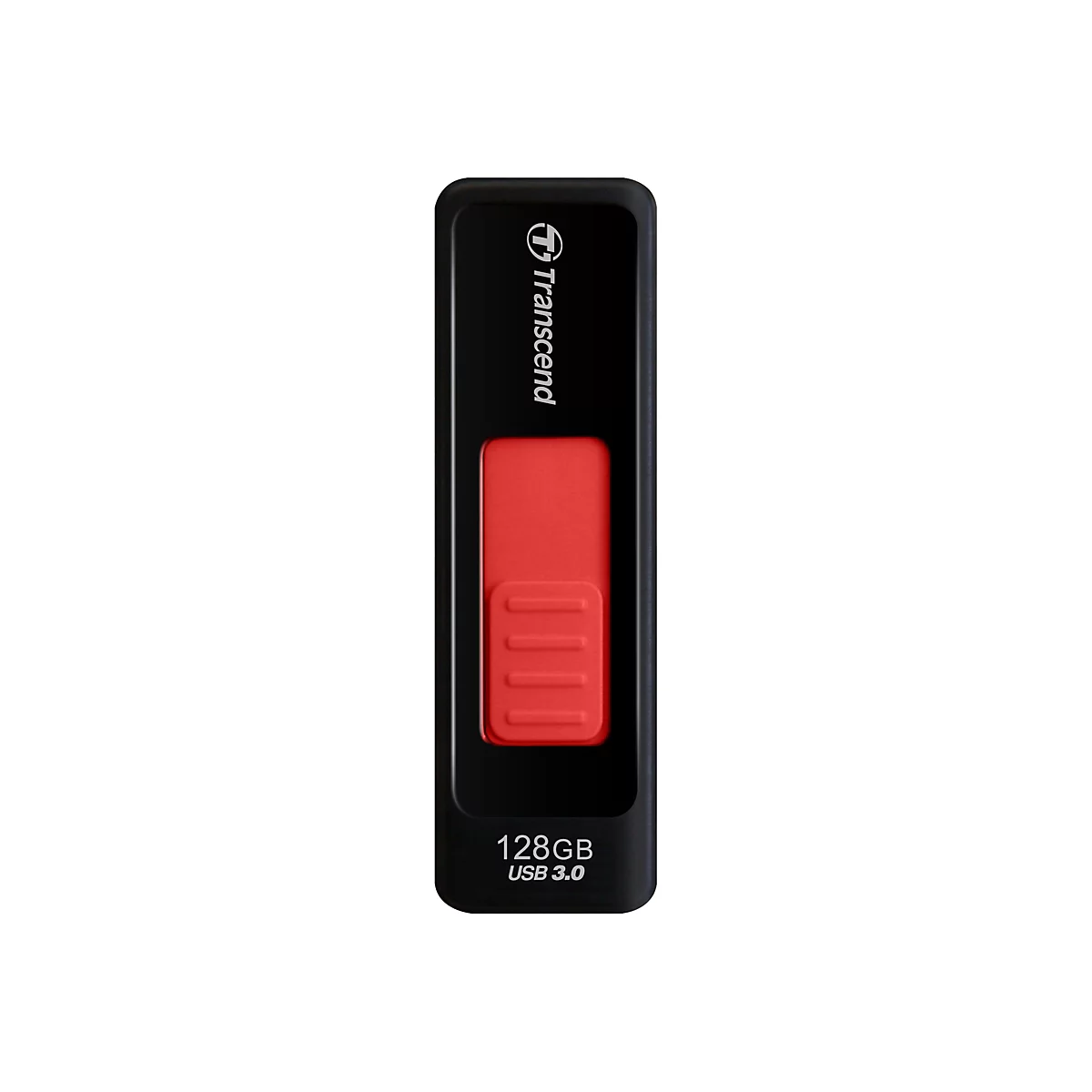 Schwarzer USB-Stick mit rotem Schieber. Aufschrift Transcend 128GB USB 3.0.
