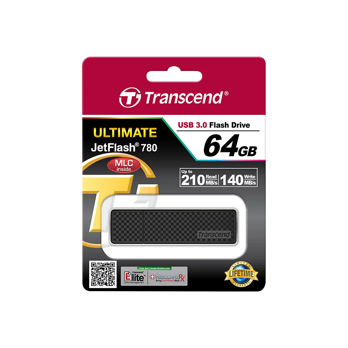 Transcend Ultimate JetFlash 780 USB-Stick in Verpackung mit 64GB Kapazität. Schwarzer Datenbereich, Schriftzug.