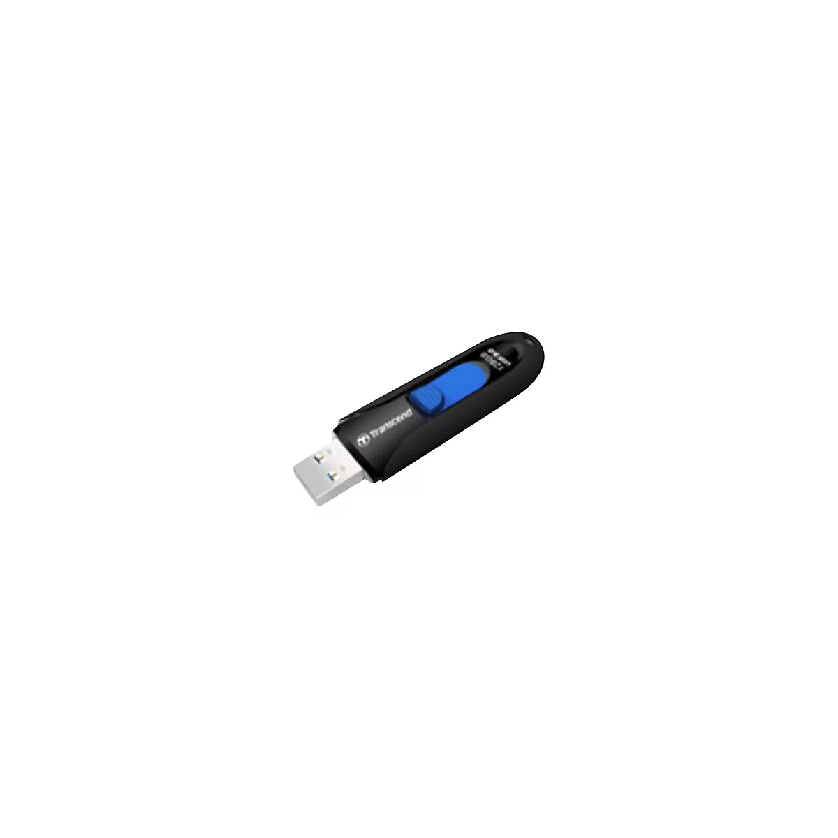 Ein schwarzer USB-Stick mit blauem Schieber. Das Produkt trägt den Schriftzug 'Transcend'.