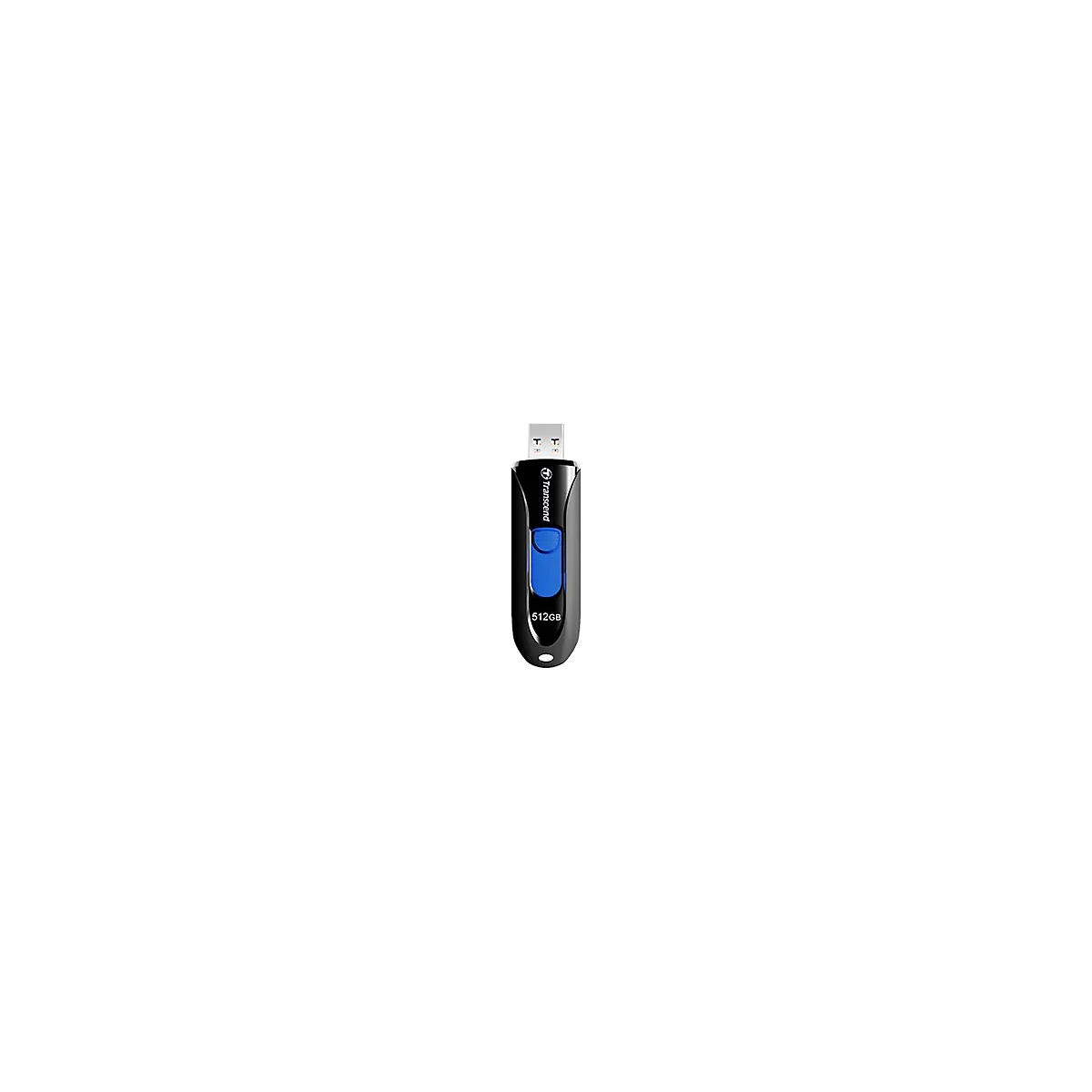 Schwarzer Transcend USB-Stick mit 512GB Speicher und blauem Schiebemechanismus vor weißem Hintergrund.