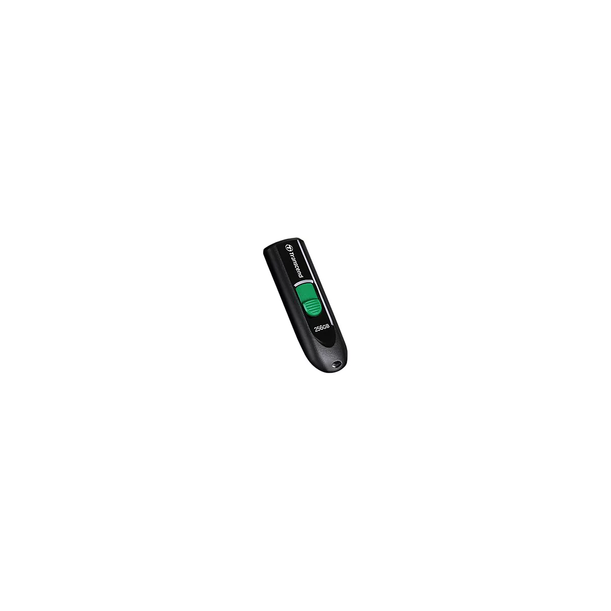 Schwarzer Transcend USB-Stick mit grünem Schiebemechanismus und 256GB Beschriftung vor weißem Hintergrund.