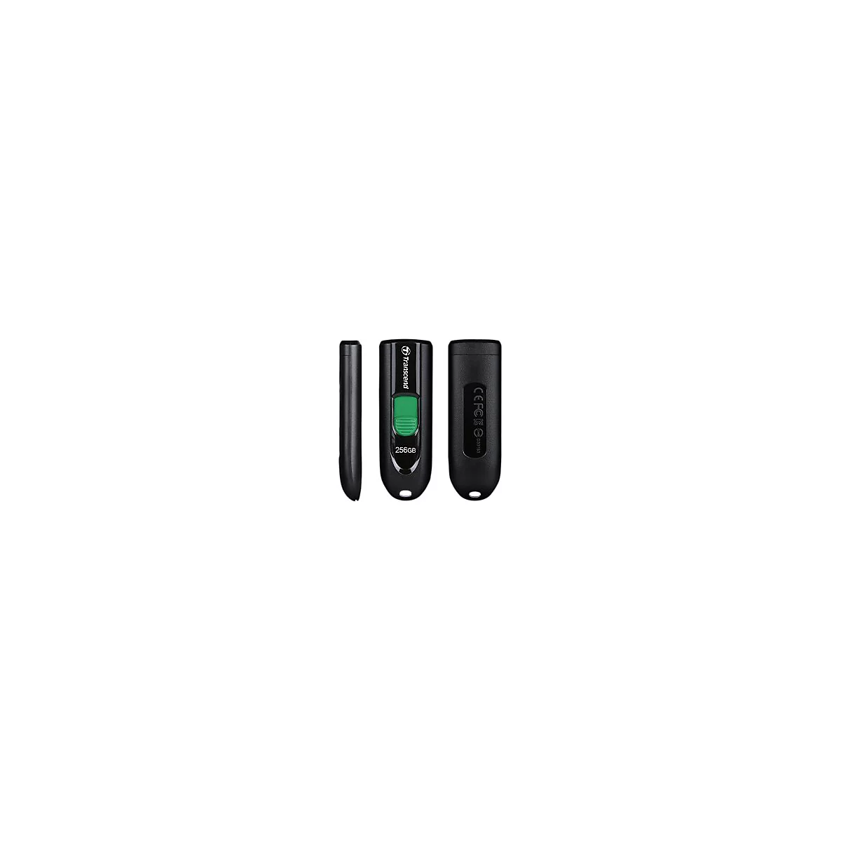 Schwarzer Transcend USB-Stick mit grünem Schieberegler und 256GB Beschriftung.