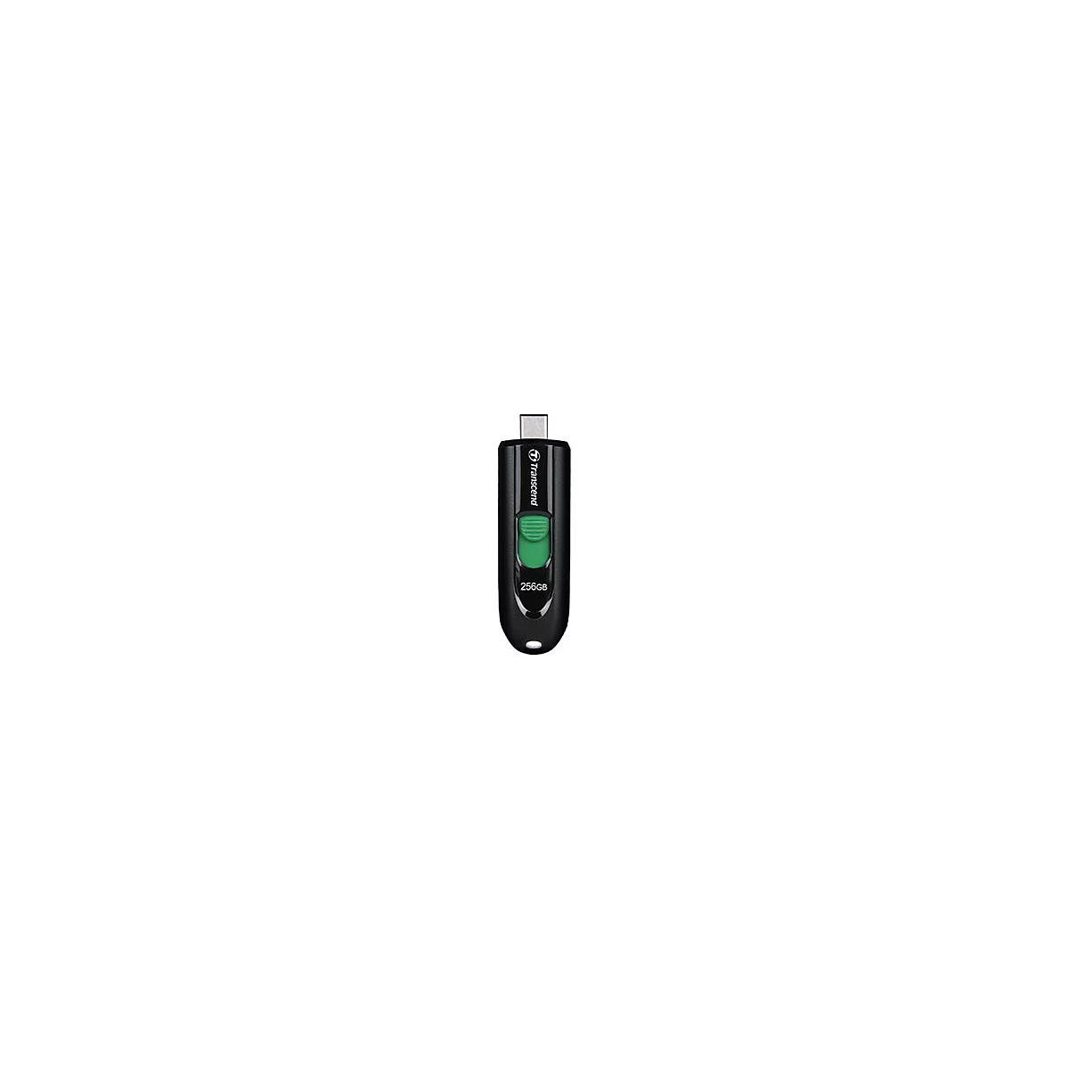 Schwarzer Transcend USB-C Stick mit grünem Schiebemechanismus und 256GB Beschriftung.