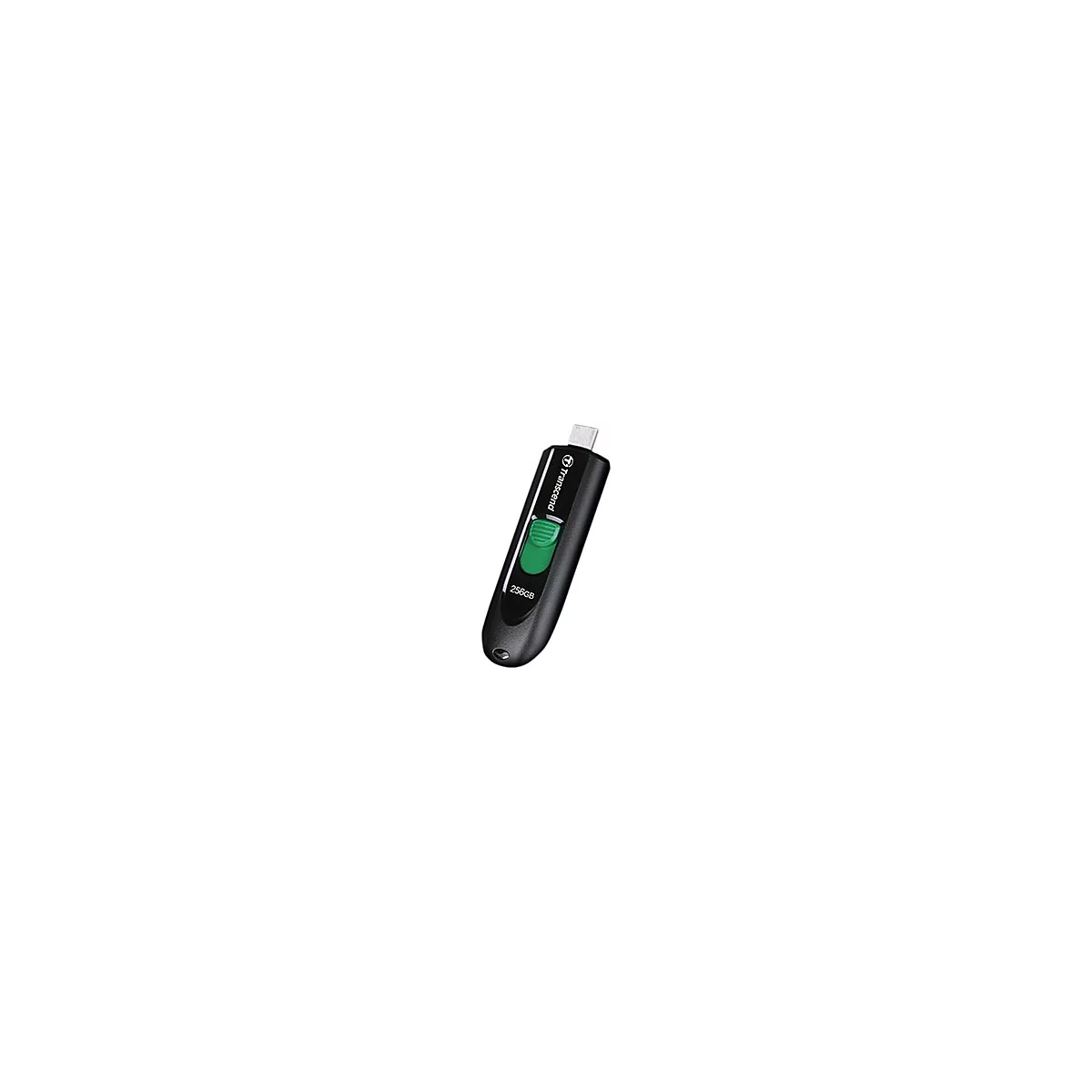 Schwarzer Transcend USB-Stick mit grünem Schiebeschalter und 256GB Beschriftung vor weißem Hintergrund.