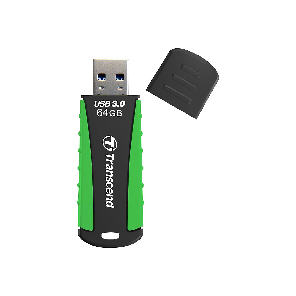 Ein grüner und schwarzer USB-Stick mit offener Kappe. Auf dem Stick steht "USB 3.0 64GB" und der Markenname "Transcend".