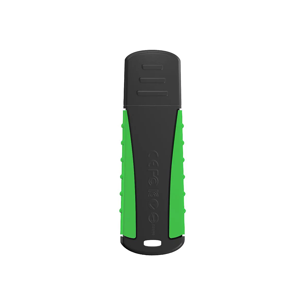 Ein USB-Stick mit schwarzem und grünem Gehäuse, Logo und technischen Angaben.