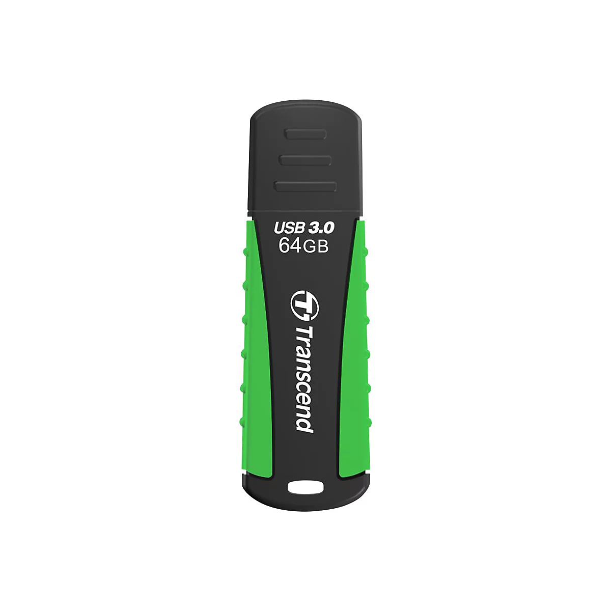 Schwarzer USB-Stick mit grünen Akzenten, USB 3.0, 64 GB, Marke: Transcend.