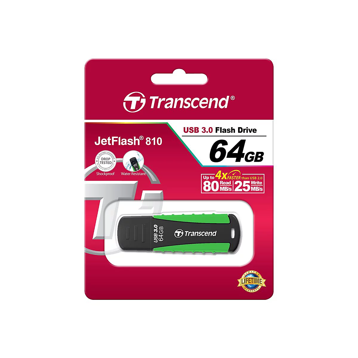 Eine Transcend JetFlash 810 USB 3.0 Flash Drive, 64 GB, in einer rot-schwarzen Verpackung. Aufgedruckt sind Informationen zu Geschwindigkeit und Widerstandsfähigkeit.