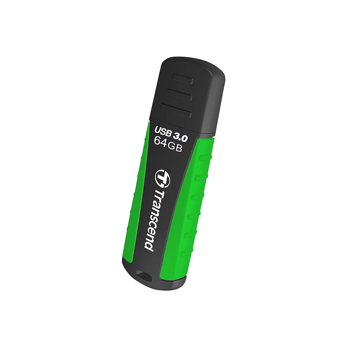 Ein schwarzer und grüner USB-Stick von Transcend, USB 3.0, 64 GB, vor weißem Hintergrund.
