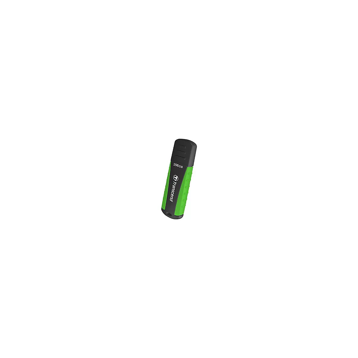 Grün-schwarzer Transcend USB-Stick mit 256GB Speicher, schräg vor weißem Hintergrund.