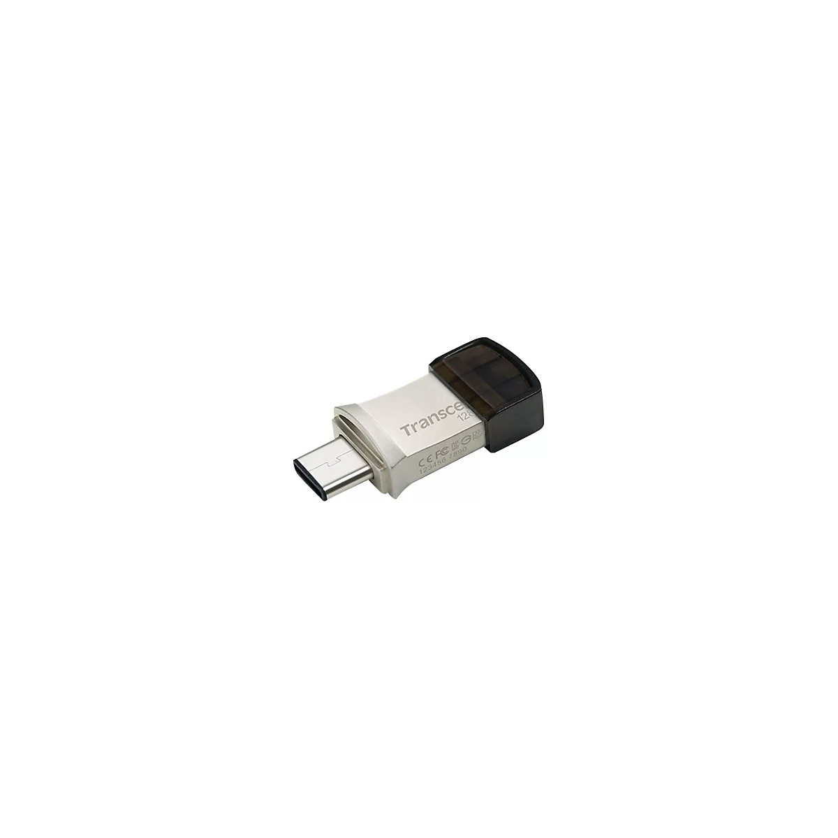 Clé USB-C argentée avec protection noire. Inscription 'Transcend' et capacité de stockage.