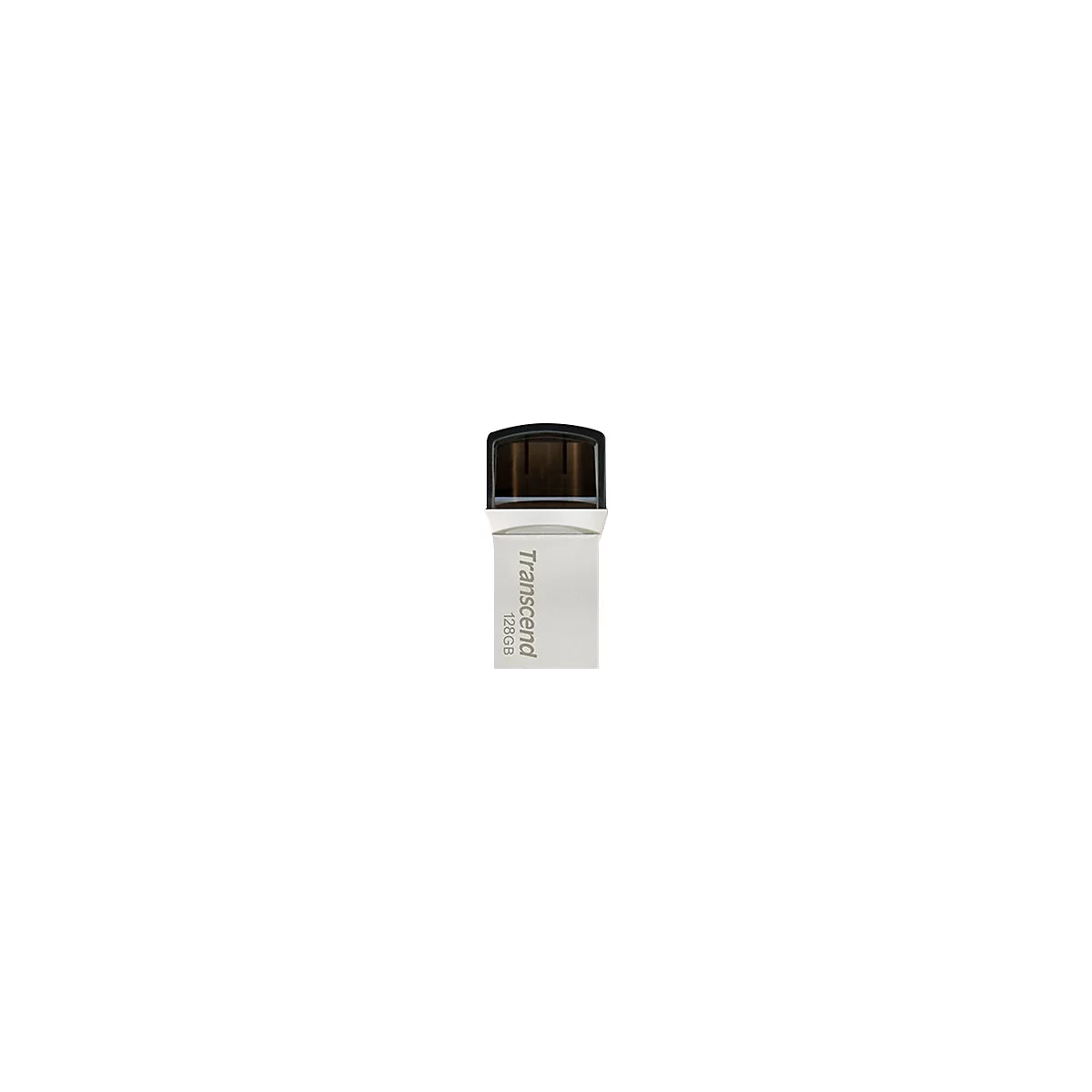 Ein silberner USB-Stick mit schwarzer Kappe. Der Stick trÃ¤gt den Aufdruck Transcend 128GB.