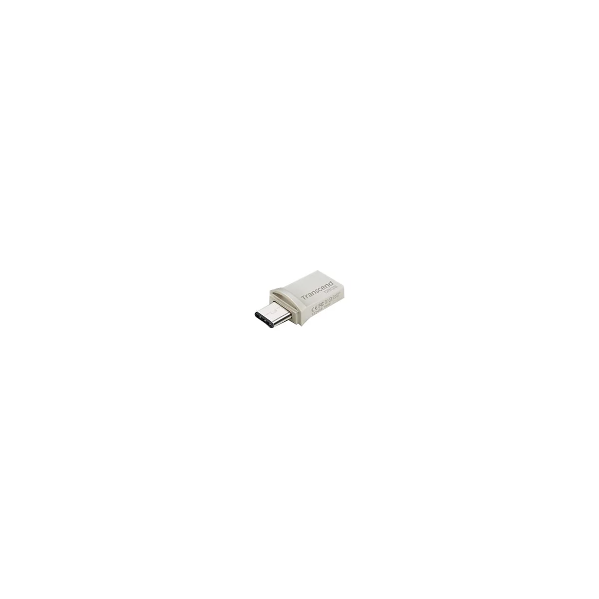 Ein weiÃŸ-grauer Transcend USB-C-Adapter mit einem metallisch-silbernen USB-C-Anschluss, 128GB Aufdruck.
