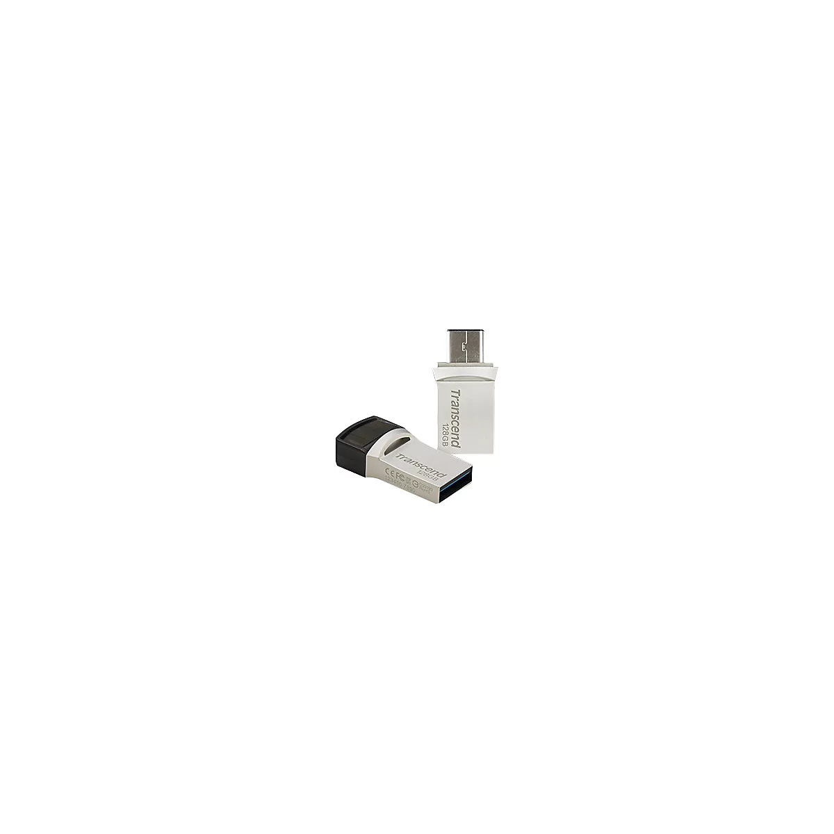 Zwei silberfarbene USB-Sticks mit schwarzem und silberfarbenem GehÃ¤use, Marke Transcend, 128GB.