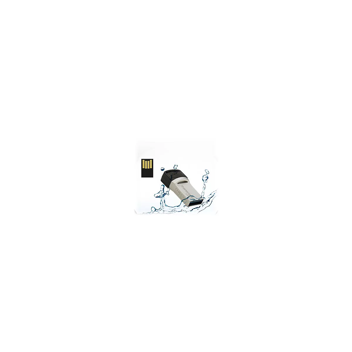 USB-Stick, silberfarben mit schwarzem Deckel, dargestellt mit Wassertropfen auf weiÃŸem Hintergrund. Im Bild ein USB-Anschluss.
