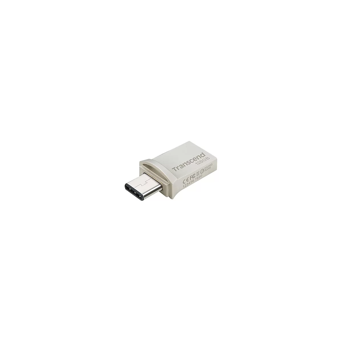 Silberner USB-C-Stick von Transcend, 128 GB, Detailaufnahme vor weißem Hintergrund.