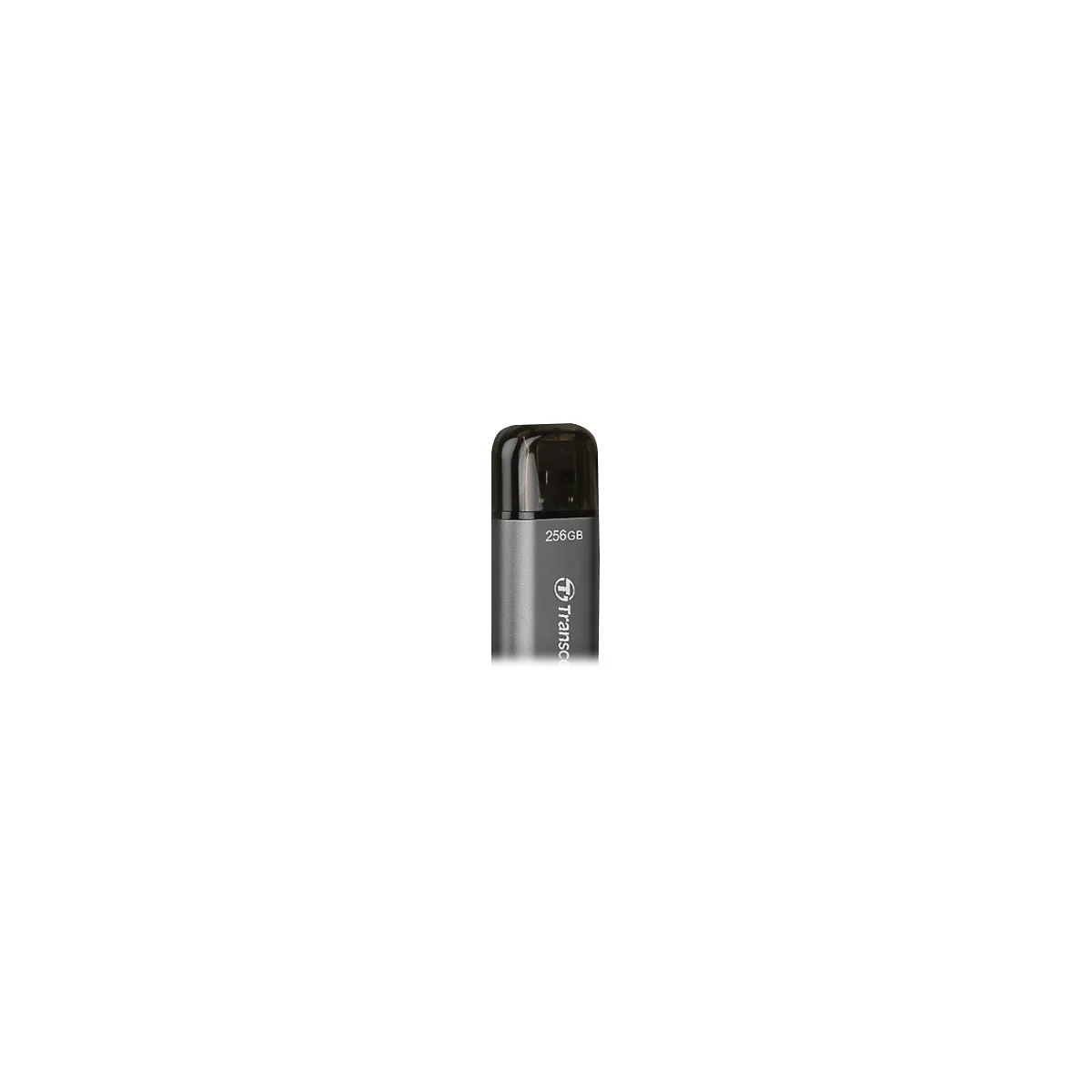Une clÃ© USB grise avec un capuchon de protection noir. La clÃ© indique 256 Go et porte le logo Transcend.