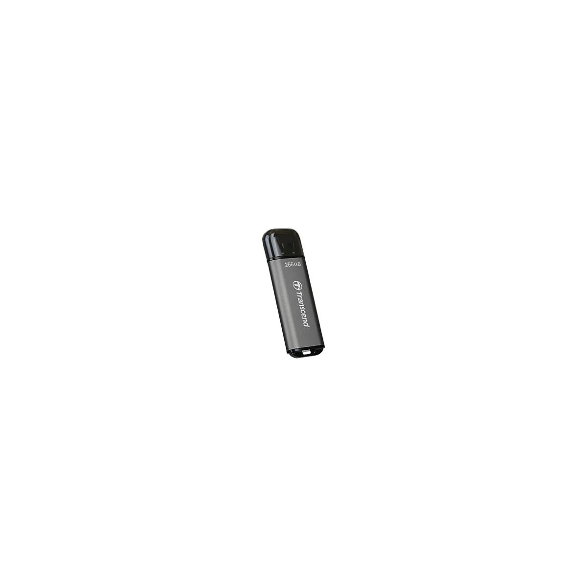 ClÃ© USB grise avec capuchon noir, 256 Go. Marque : Transcend.