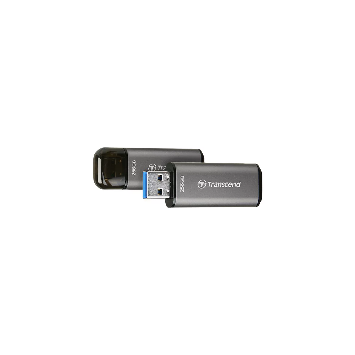 Deux clÃ©s USB grises avec Transcend et la capacitÃ© 256 Go. On en voit une avec le port USB.