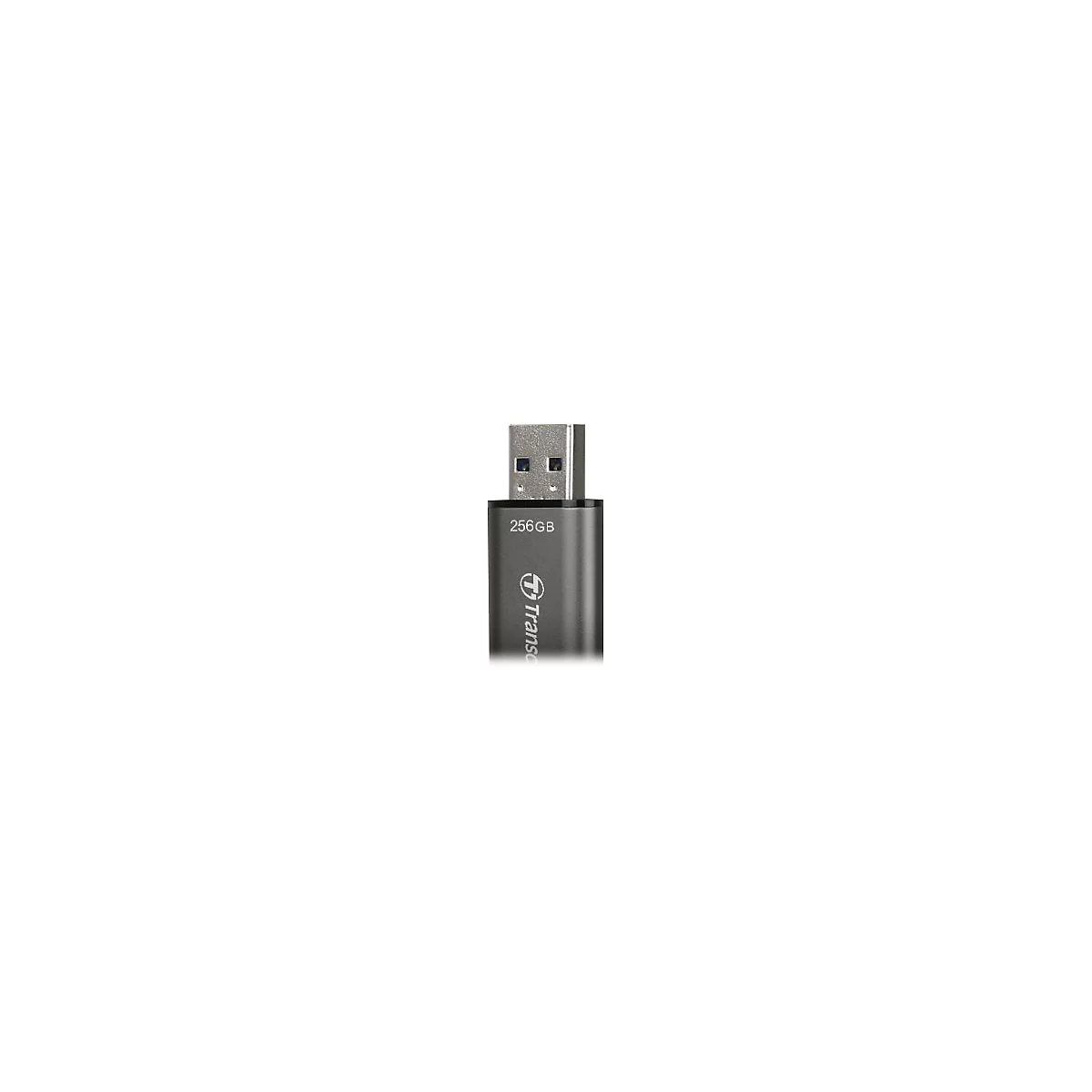 ClÃ© USB gris foncÃ© avec 256 Go et logo Transcend. Le connecteur USB est argentÃ©.