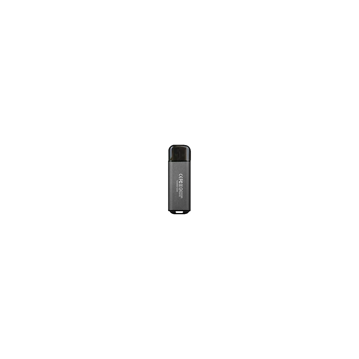 Une clÃ© USB grise avec un capuchon noir, sur fond blanc. Plusieurs inscriptions sont prÃ©sentes sur la clÃ©.